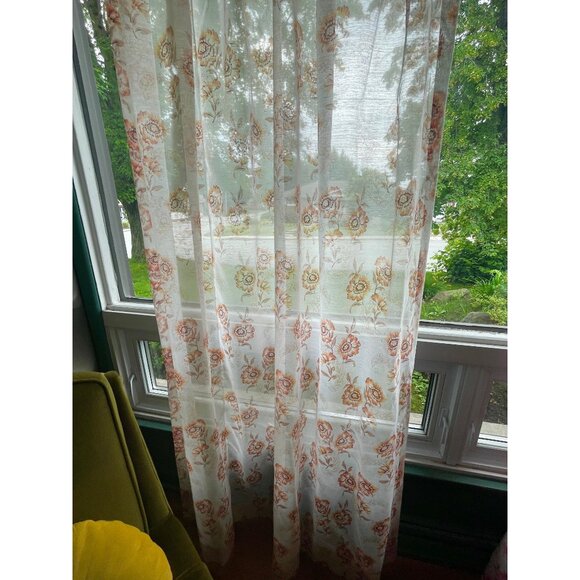 Vintage 60s pleated curtain, sheer orange floral pattern, single panel - Picture 3 of 9
